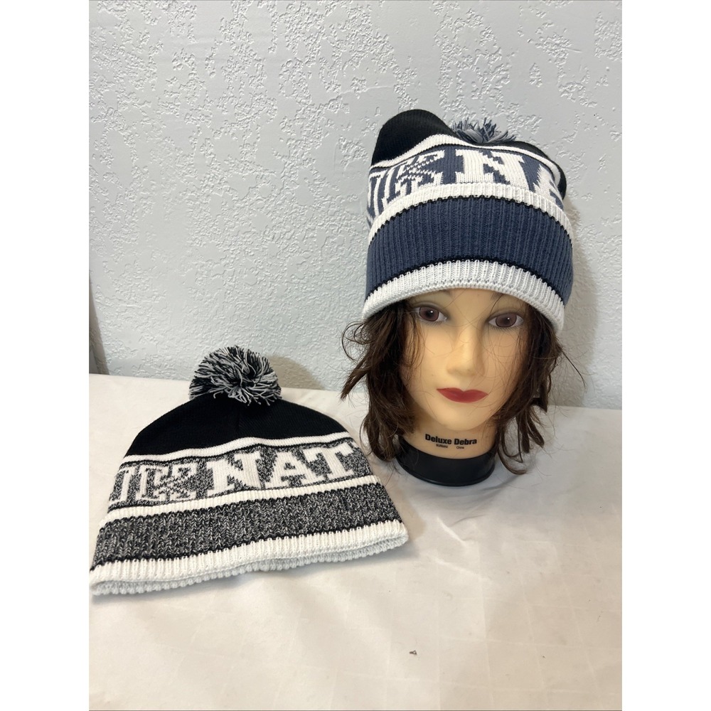 Victoria's Secret Pink Nation Beanie 2 Hats Blue Black Pom NWOT Black White